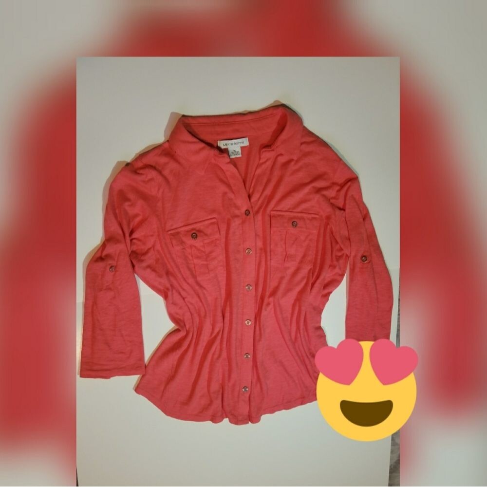 Liz Claiborne Women’s Button Down Blouse Size XL Coral Pink Roll Tab Sleeve Top